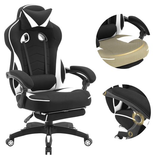 WOLTU Gaming Stuhl Stoff Kühl für grosse – Schwarz+Weiss. Ergonomisch, für lange Gaming-Sessions mit Kühlfunktion.