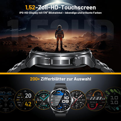 SLOKSFil I136 Smartwatch Herren, 1,52" HD-Touchscreen, Schwarzstahl