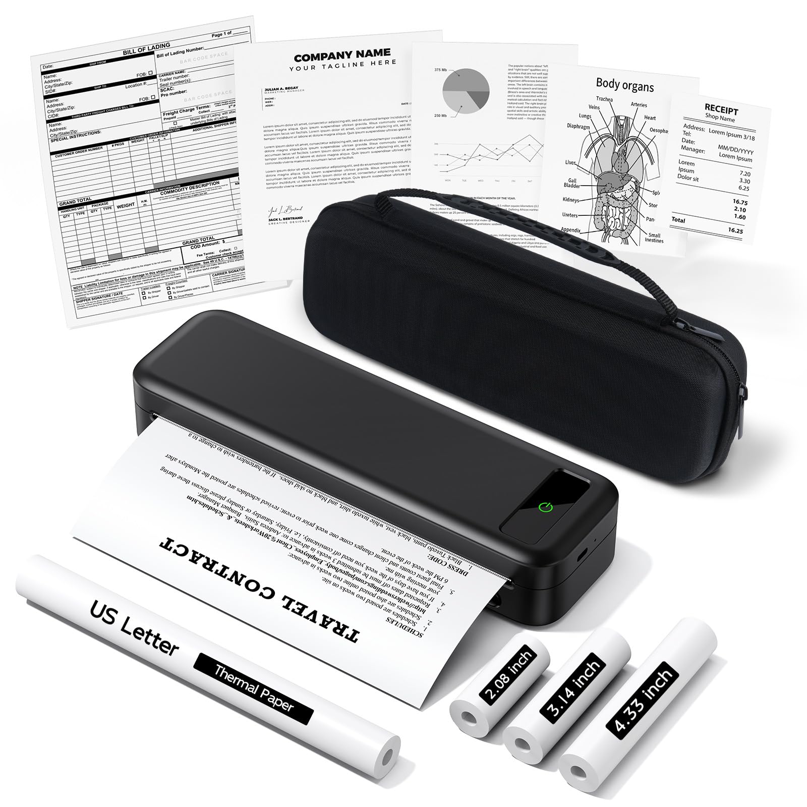 TATTMUSE A285M Thermodrucker A4 Set mit Tragetasche, schwarz, tragbarer Monochromdrucker mit Bluetooth