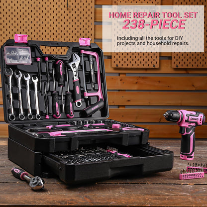DEKO 238-teiliges Werkzeugset mit 12-V-Akku-Bohrmaschine, rosa