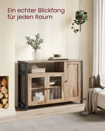 VASAGLE Sideboard Landhaus 3 Türen eichenbraun-schwarz LSC096B50