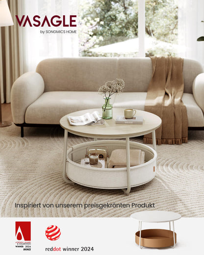 VASAGLE Couchtisch LCT244K01 rund mit Stauraum, naturbeige-cremeweiss