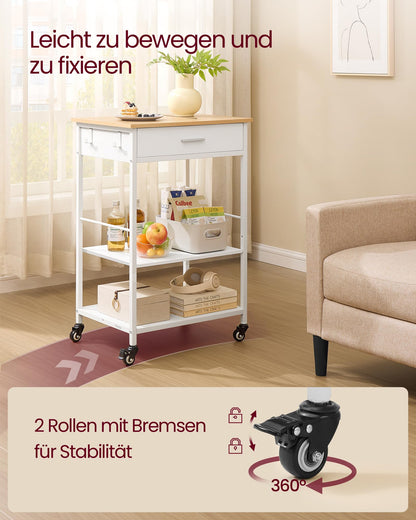 VASAGLE Küchenwagen mit Rollen und Schublade, eichenbeige-mattweiss