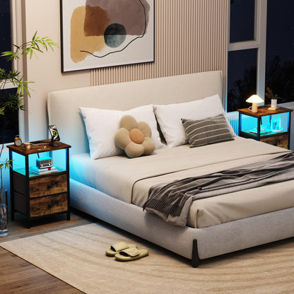 AMHANCIBLE Nachttisch mit LED, Ladestation und 2 Stoffschubladen