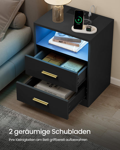 VASAGLE CUSTOS Nachttisch mit Ladestation, 2er Set, tintenschwarz