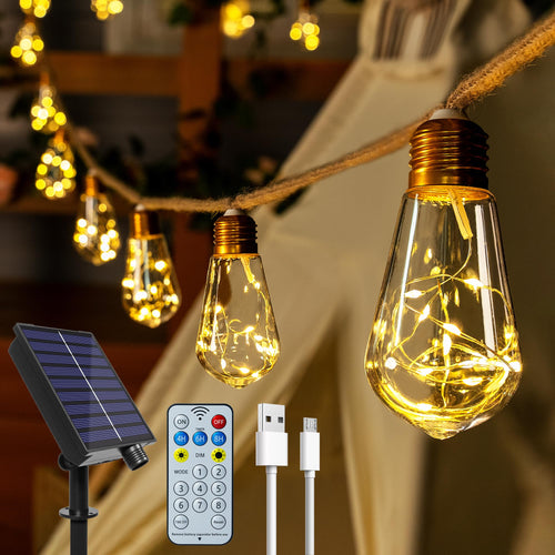 Ollny Solar Lichterkette Aussen, 24 S17 Glühbirnen, 12 m, dimmbar, Hanfschnur