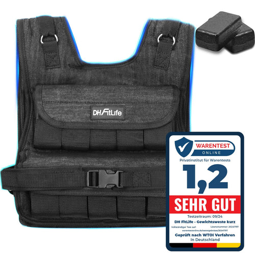 DH FitLife Verstellbare Gewichtsweste Fitnessweste – 20kg. Schwarze Weste mit Gewichten. Intensiviert Bodyweight- & Cardio-Training.