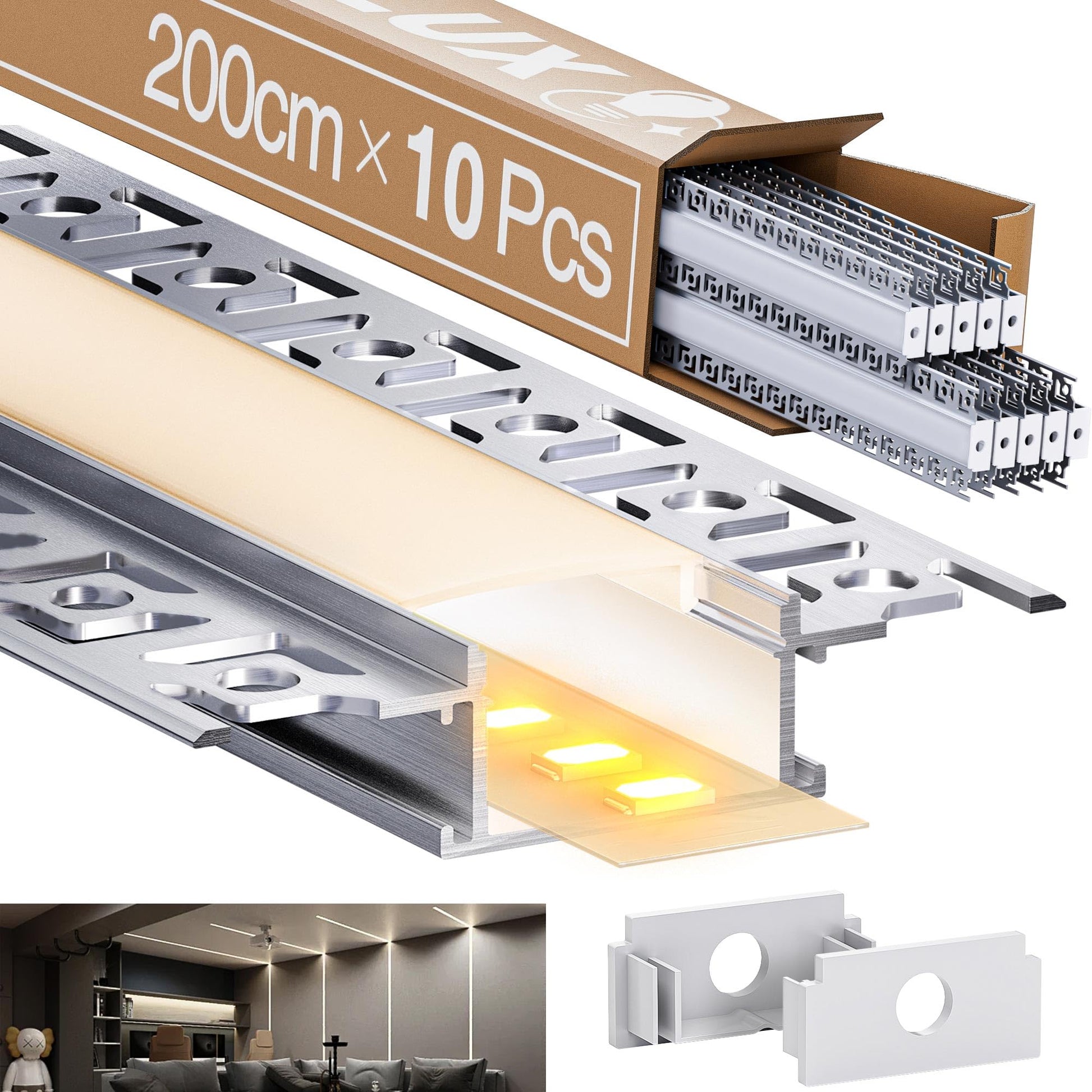 LED Trockenbauprofil Aluminium 2M für 20mm Streifen – 10er Set. Profil zur bündigen Aufnahme von 20mm LED Streifen.