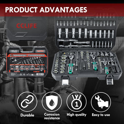 CCLIFE Steckschlüsselsatz 187-tlg. Cr-V Ratschenkoffer 72 Z. 1/2" 1/4" 3/8"