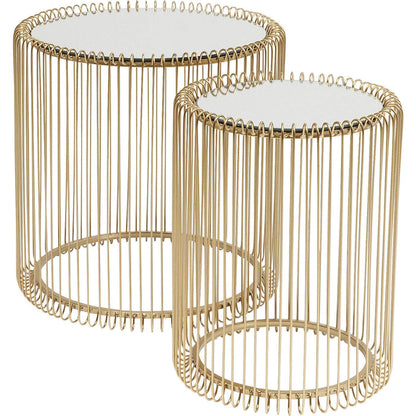 Kare Design Beistelltisch Wire (2er-Set): Gold-Messing Drahttische mit verspiegelter Platte. Als Ablage für Getränke oder Deko.