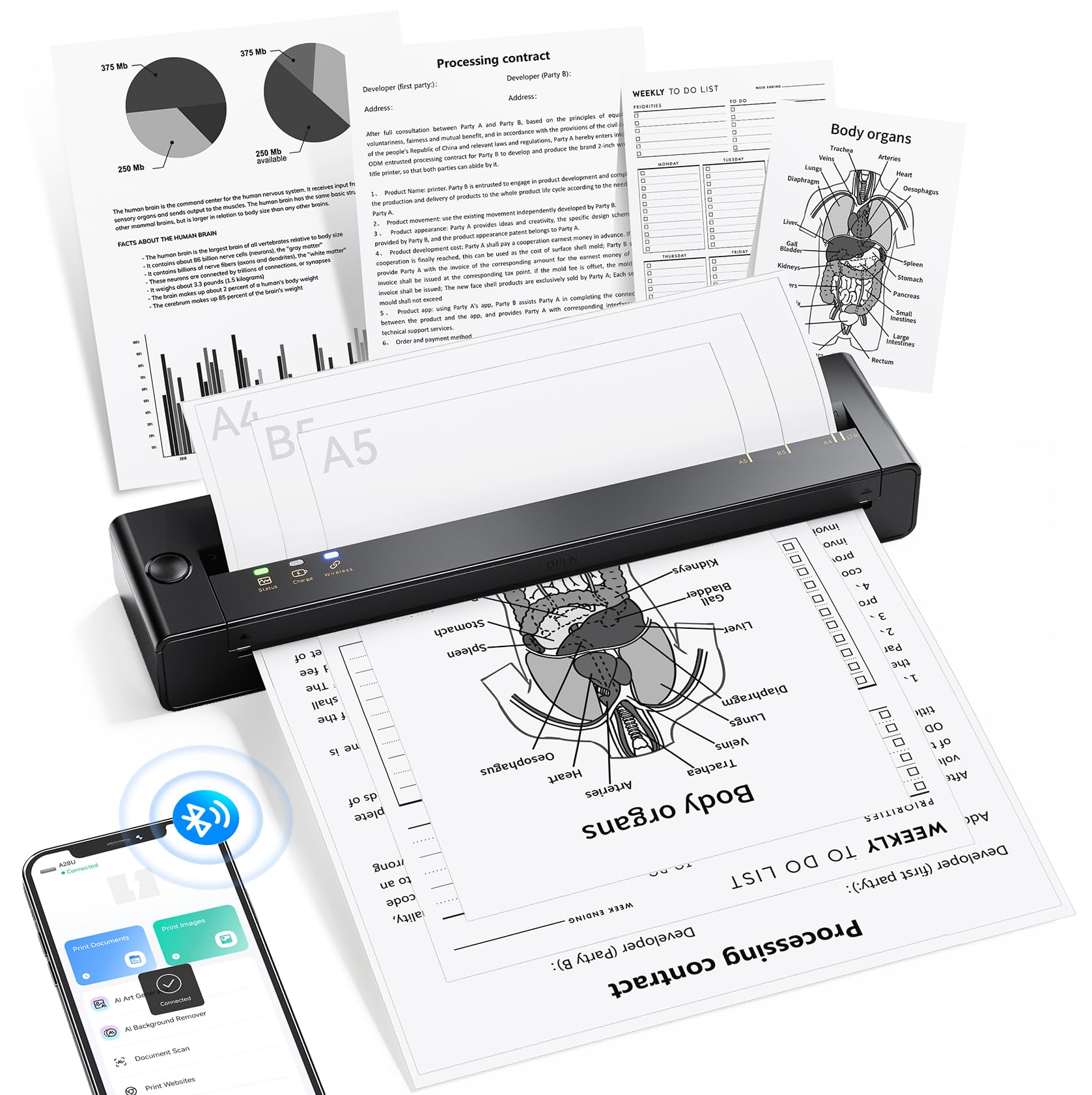 TATTMUSE Thermodrucker A28U, mobiler Bluetooth-Drucker für A4, A5 und B5