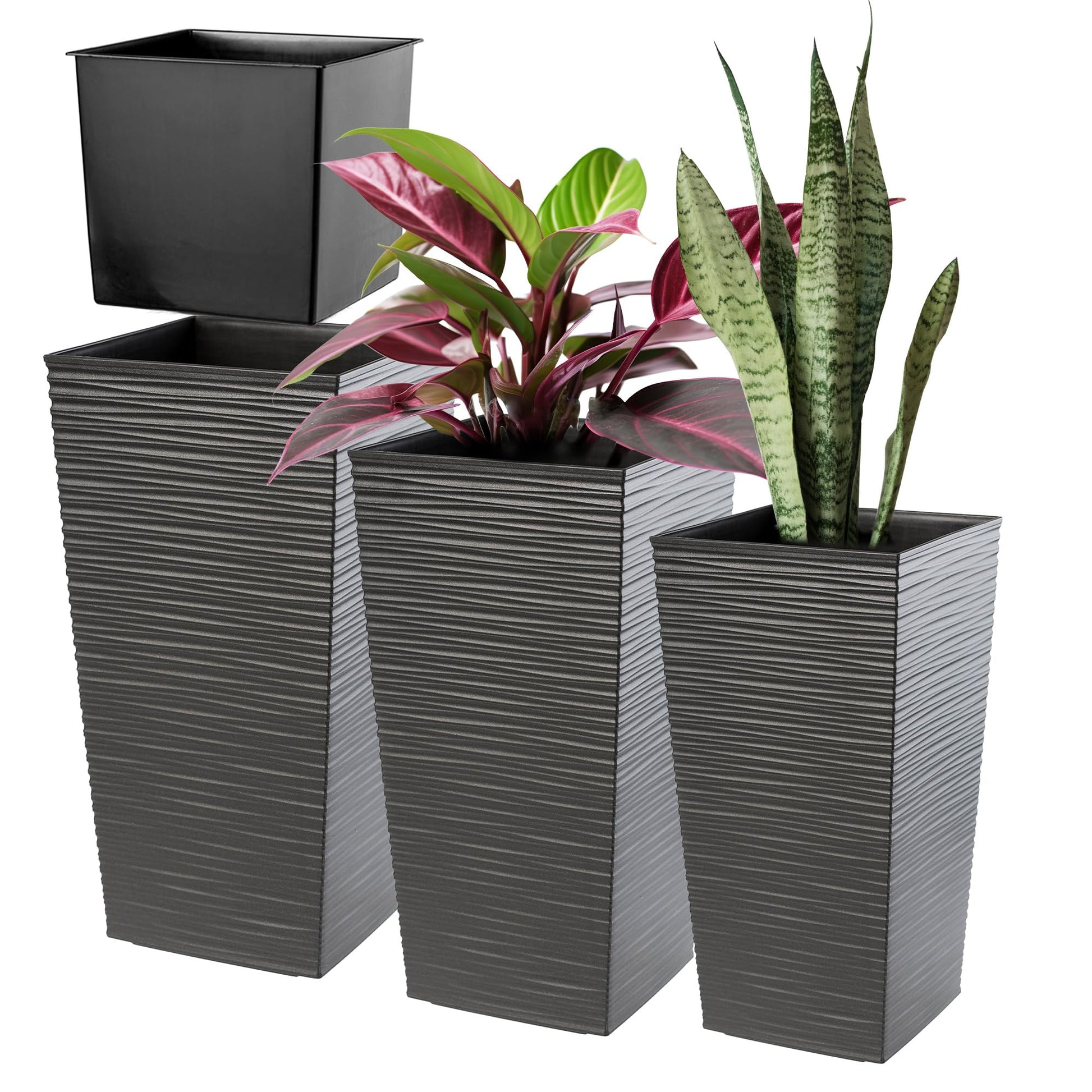 KADAX Pflanzkübel 3er Set mit Innentopf, Kunststoff, Grafit – Blumenkübel in drei Höhen