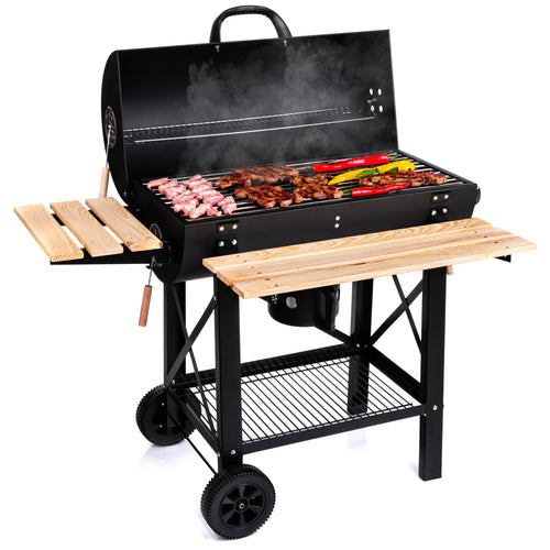 LEHMANN Holzkohlegrill LGACG-1935 Grillwagen mit Deckel und Rädern, Holz-Seitenablagen