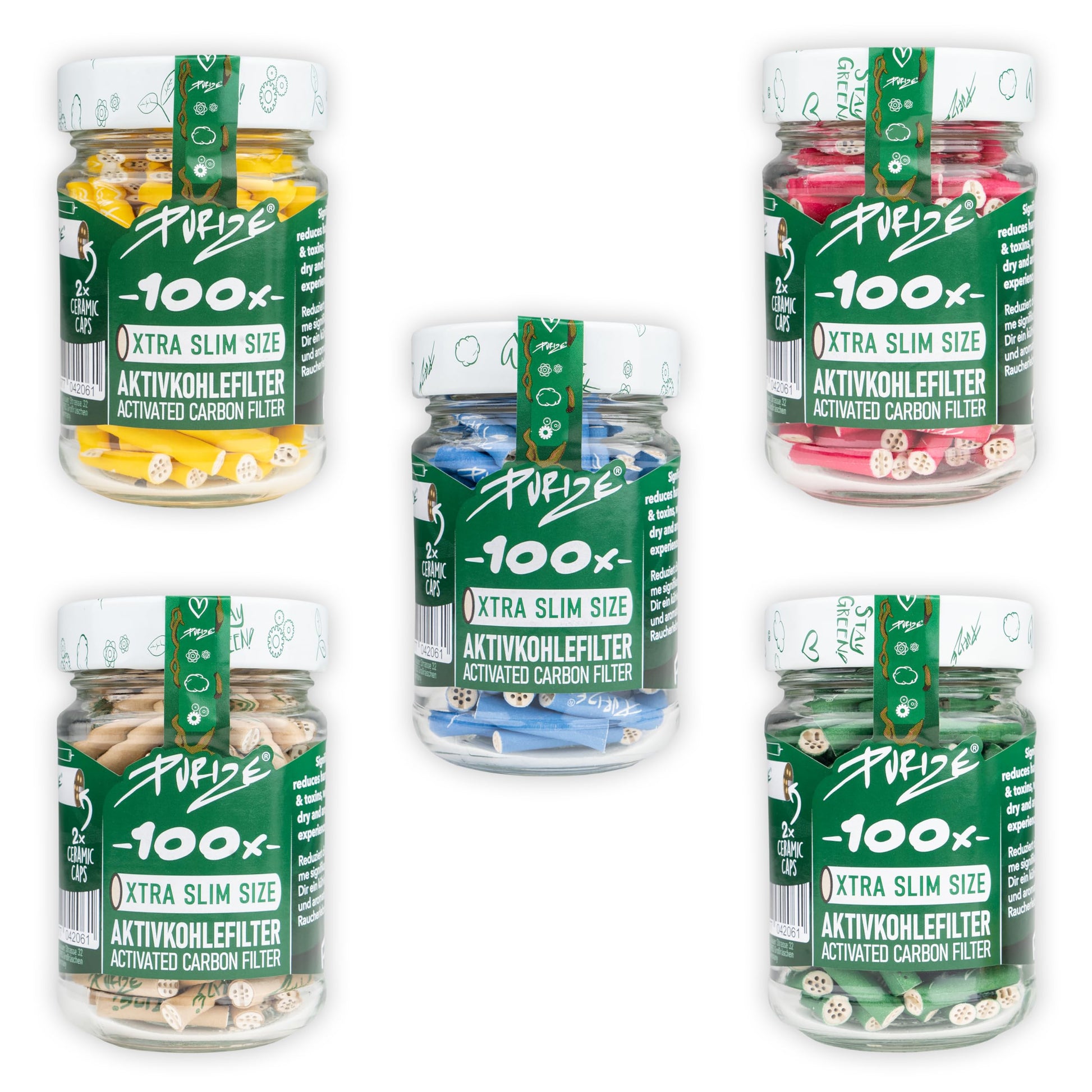 PURIZE® Glas I XTRA Slim Size Aktivkohlefilter – 5x 100. Schlanke, zylindrische Rauchfilter mit Glaskörper zur effektiven Schadstoffreduktion.