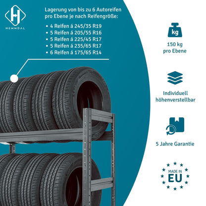 HEMMDAL Schwerlast Reifenregal 450kg - 18 Reifen Graphitgrau