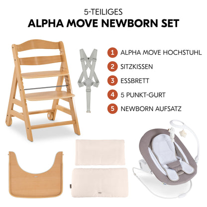 hauck Alpha Move Newborn Set Deluxe Holz Hochstuhl Natur Sand Beige