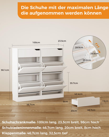 IRONCK Schuhschrank mit 4 Klappen und 2 Schubladen, schmal, weiss