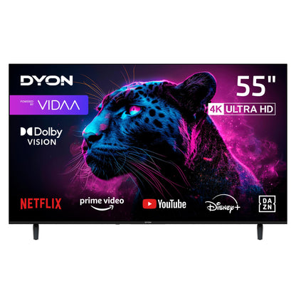 DYON Movie Smart 55 VX-2 4K UHD Smart TV mit 55 Zoll Bildschirm, rechteckig, schwarz. Zeigt 4K-Inhalte an und bietet Smart TV-Funktionen.
