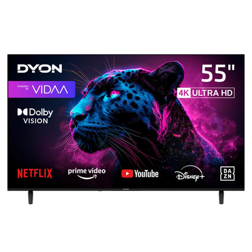 DYON Movie Smart 55 VX-2 4K UHD Smart TV mit 55 Zoll Bildschirm, rechteckig, schwarz. Zeigt 4K-Inhalte an und bietet Smart TV-Funktionen.