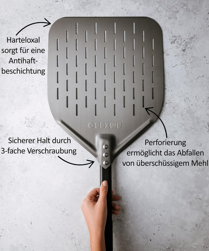 AMZBBQ Premium Pizzaschieber, perforiert, harteloxiertes Aluminium