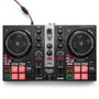 Hercules DJControl Inpulse 200 MK2 Einsteiger DJ Controller. Rechteckig, schwarz, mit zwei Jogwheels, Fader und Pads. Zum Mixen und Scratchen von Musik.