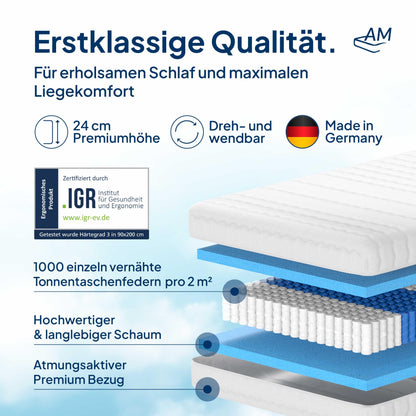 AM Qualitätsmatratzen Deluxe Taschenfederkern Matratze 90x200cm H3
