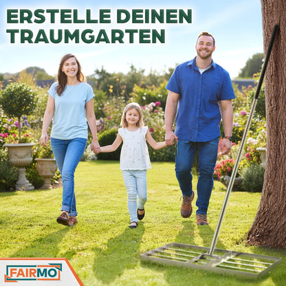 Fairmo Rasenrakel Edelstahl 75x35 cm, Nivellierrechen mit 2 m Stiel