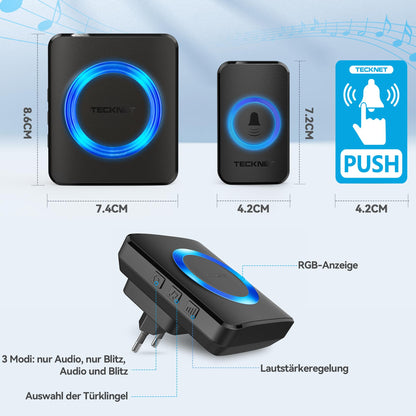 TECKNET Funkklingel Set IP65 wasserdicht 600 m 2 Sender 4 Empfänger