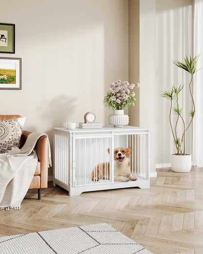 Hzuaneri Hundekäfig Möbel Indoor 100cm – Weiss Holz Schiebetüren