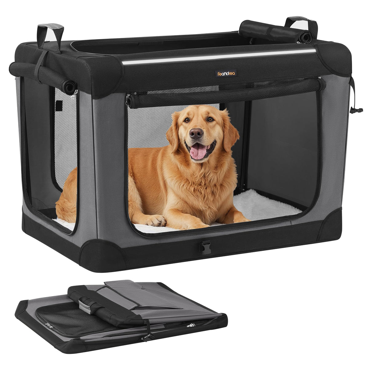 Feandrea Hundebox faltbar, Transportbox für grosse Hunde, schwarz – Oxford-Gewebe mit vier Netztüren
