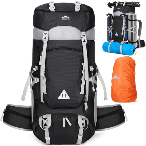 IGOLUMON Wanderrucksack 60L Trekkingrucksack mit Regenhülle, schwarz – aus reissfestem Polyester- und Nylongewebe