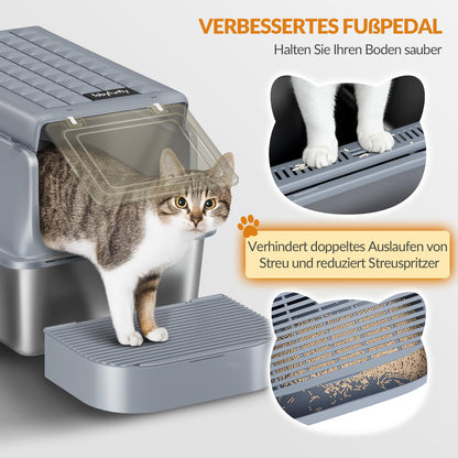 Fobyfurny Edelstahl-Katzenklo XXL geschlossen mit Deckel, Cremegrau