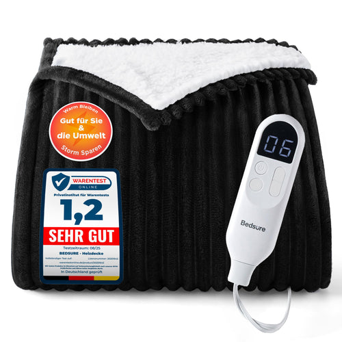 BEDSURE Elektrische Heizdecke 180x200cm - Gestreift Schwarz. Rechteckige Heizdecke in Schwarz-weiß gestreift. Spendet regulierbare Wärme für das Bett.