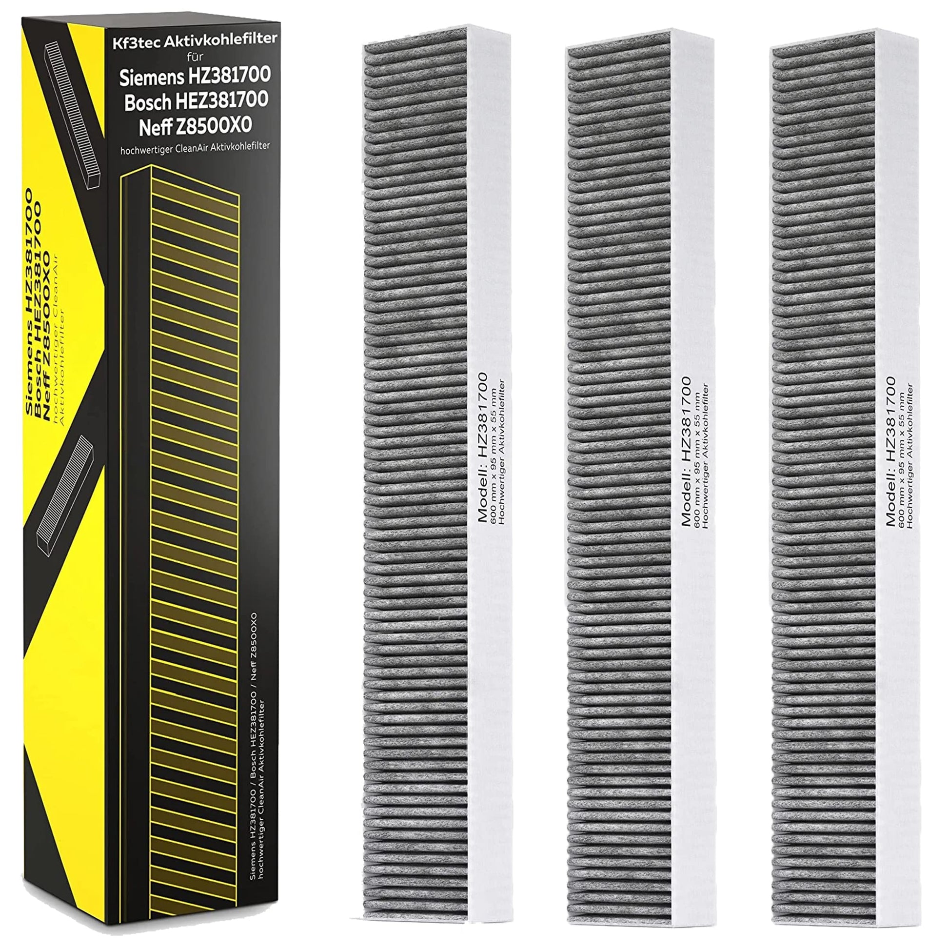 KF3TEC Aktivkohlefilter 3er Pack für Siemens HZ381700 - 17000822. Schwarz, rechteckig. Filtert Gerüche aus Umluft.