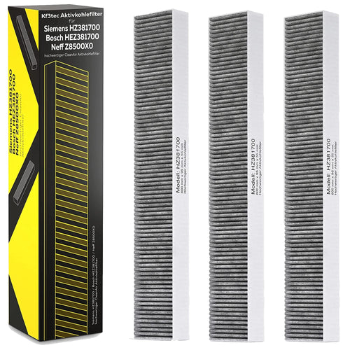 KF3TEC Aktivkohlefilter 3er Pack für Siemens HZ381700 - 17000822. Schwarz, rechteckig. Filtert Gerüche aus Umluft.