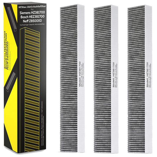 KF3TEC Aktivkohlefilter 3er Pack für Siemens HZ381700 - 17000822. Schwarz, rechteckig. Filtert Gerüche aus Umluft.