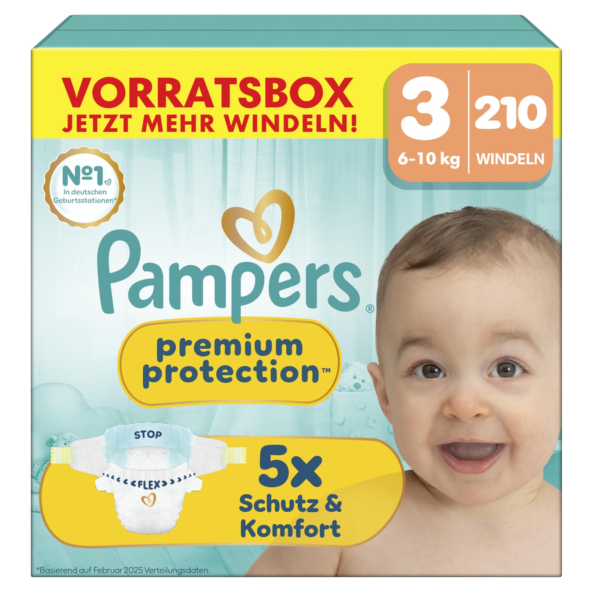 Pampers Premium Protection Windeln Grösse 3, 6–10 kg, 210 Stück mit flexiblem Bauchbündchen und Urin-Indikator