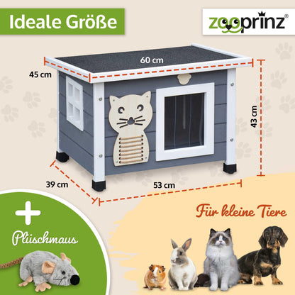 zooprinz Premium Holz Katzenhaus – Katzenkiste mit Dach zum Öffnen, Fenster und Schwingtür – Sisalband an der Katzenbox – Wetterfest für Garten/Balkon – Innen- und Draußen Hütte (Grau-Weiß, Standard)