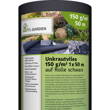 TTL GARDEN Unkrautvlies 150 g/m², 50 m² Rolle 1 x 50 m, UV-stabil – Vliesrolle zur Unkrauthemmung im Garten