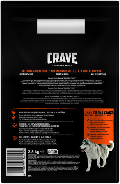 Crave Adult Trockenfutter Hund Truthahn & Huhn Getreidefrei 3x2,8kg