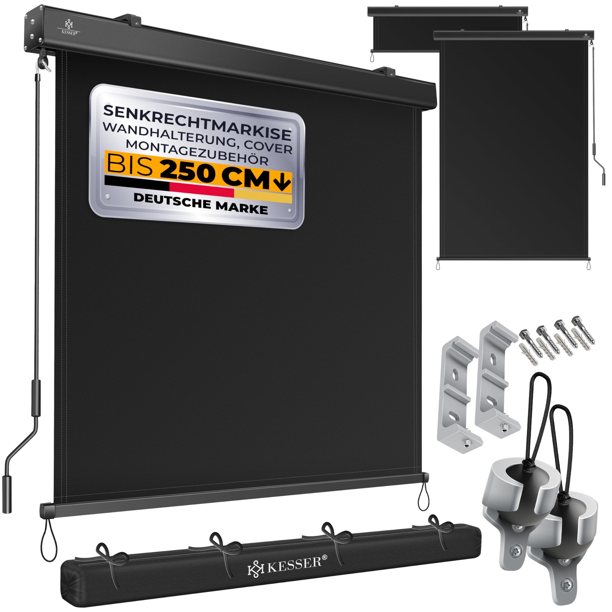 KESSER Senkrechtmarkise 200 x 250 cm Aussenrollo mit Kurbel, Polyesterbespannung und Aluminiumkassette