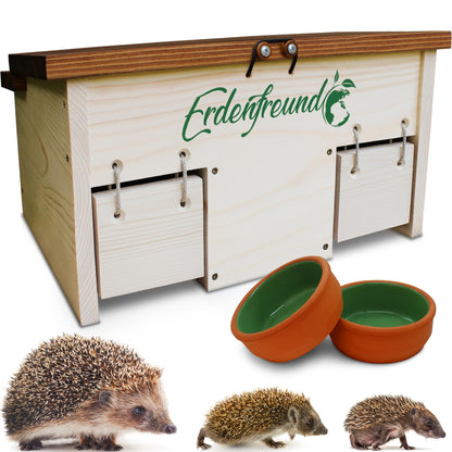 ERDENFREUND® Igelfutterhaus mit Rattenklappe, 2er Napf-Set. Naturholz-Häuschen zur Igelfütterung, die Rattenklappe schützt.