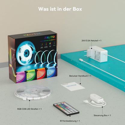 PAUTIX COB LED Streifen RGB 10m, dimmbar, 24V, WLAN, selbstklebend
