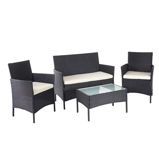 Mendler HWC-D82 Garten Lounge-Set, schwarz mit cremefarbenen Kissen. Dient als Sitzgelegenheit im Garten.
