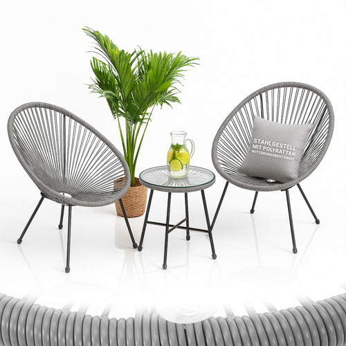Juskys Ostana Balkonmöbel Set 3-tlg. Tisch & 2 Sessel Hellgrau