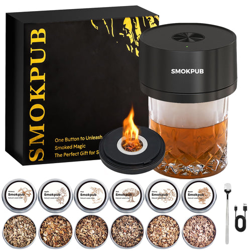 Smokpub Elektrisches Whisky Smoker Set mit 6 Holzspänen und Zünder – kompaktes Kit für Getränke und Speisen