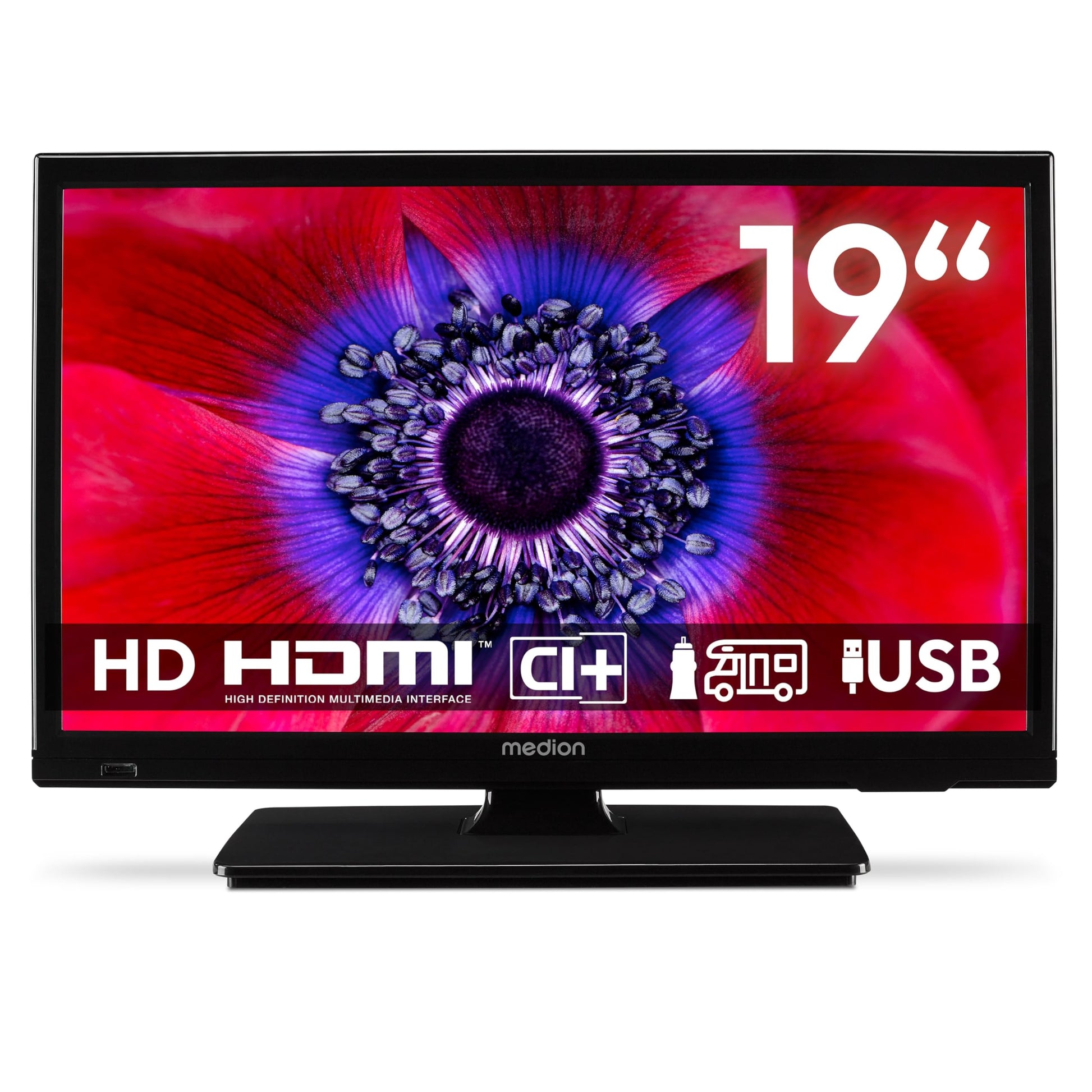 MEDION 19 Zoll HD Fernseher 12V mit Triple Tuner - MD 819000. Schwarzer 19" HD-TV. Empfängt DVB-T2/S2/C, ideal mobil mit 12V.