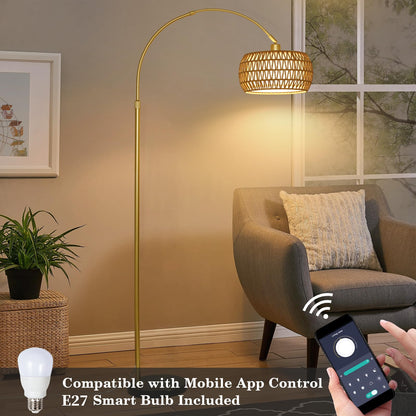 Rayofly Gold Bogenlampe Stehleuchte – Rattan, Dimmbar, App