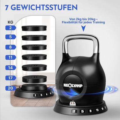 NEOLYMP Kettlebell verstellbar 2-20 kg, 7-in-1 Kugelhantel