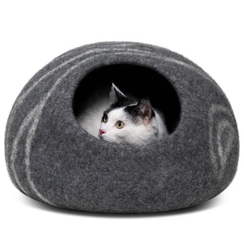 MEOWFIA Katzenbett Höhle aus Merinowolle - L Dunkelgrau. Gefilzte, kugelförmige Katzenhöhle bietet Katzen einen geschützten Schlafplatz.